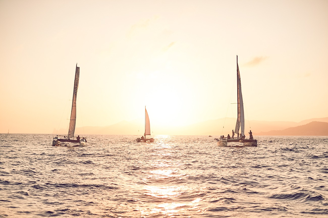 Big charter groups sunset trip on Ecological Catamarans in Sant Antonio, Ibiza